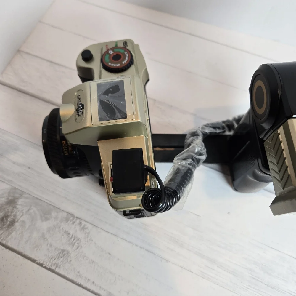 Vintage 35mm Film Camera with External Flash - Olive Green & Black
